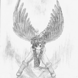This was a copy-draw. (I never trace things.) It's always easier to draw characters if you copy them once or twice first. The wings in the original were all done on a computer, so they were all original. It took me half the drawing time just drawing, eras