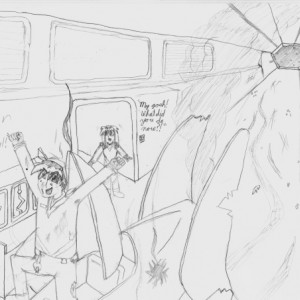 This was a lot of fun to draw! I wish I had done a better job, though. It should be pretty easy to figure out what's going on. The guy on the ship just got back from an epic battle, had the time of his life, and looks like he almost died, which gave the g
