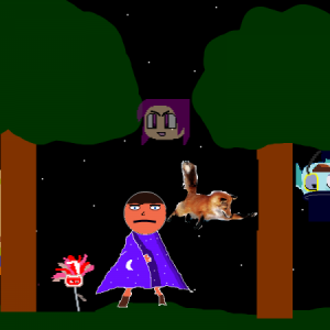 The team, at the start of their adventure. 
Fox: windsofwinds
Guy on tree: linkruler
Flower looking thing: JERSE
Guy in tree: COOL
Guy in Robe of Looking Awesome: ME!