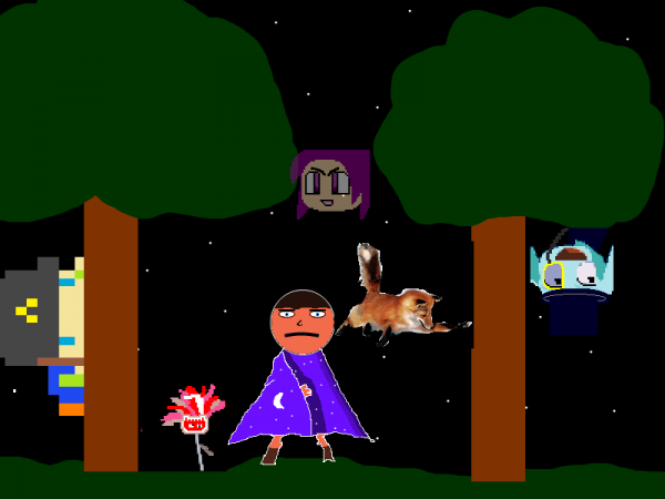 The team, at the start of their adventure. 
Fox: windsofwinds
Guy on tree: linkruler
Flower looking thing: JERSE
Guy in tree: COOL
Guy in Robe of Looking Awesome: ME!